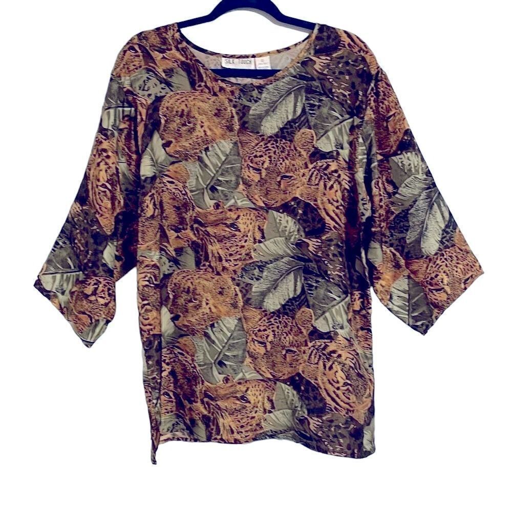 Silk Touch leopard and leaves print hand washable silk simple tunic XL